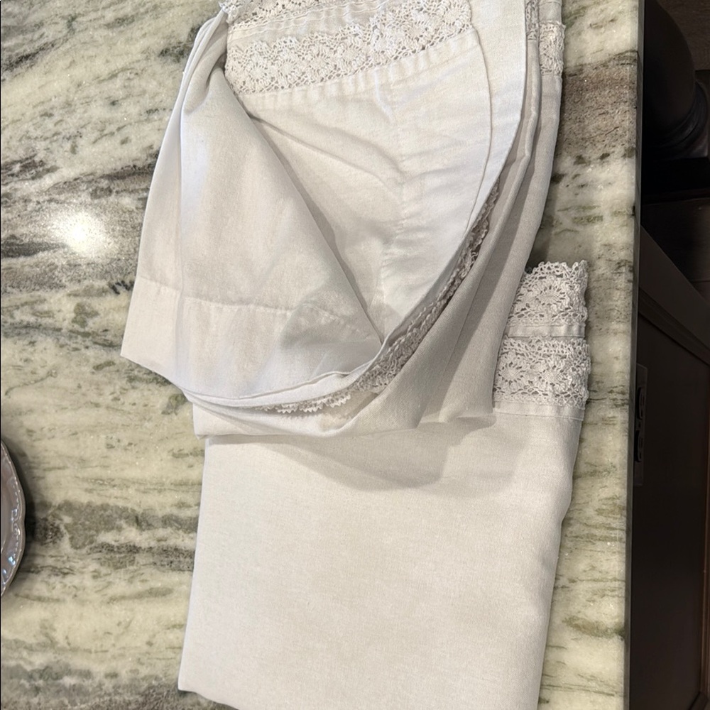 Lush decor Elegant White Lace Trimmed curtains 1 pair.  54x95”.